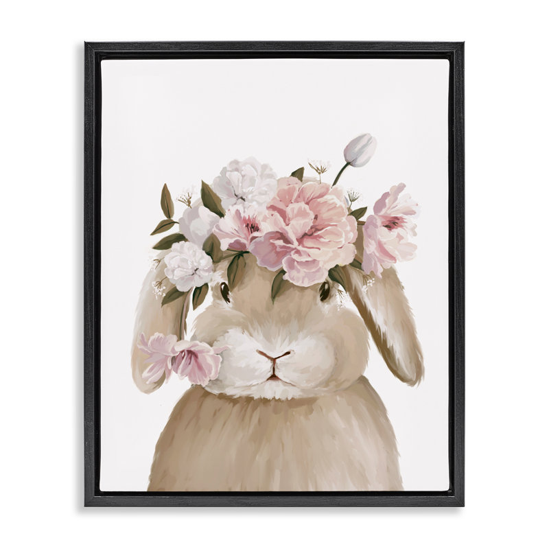 Cadre flottant Soft Bunny & Flowers, design par Anna Lischenko, H 21 po x l 17 po, Cadre flottant noir de jais