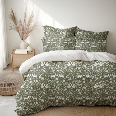 Sage Green Woodland Floral Duvet Cover Set With Matching Shams