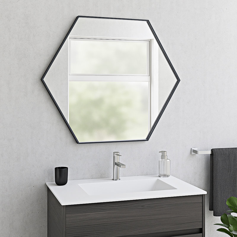 Modern Metal Framed Hexagon Wall Mirror, Matte Black, 30" x 24"