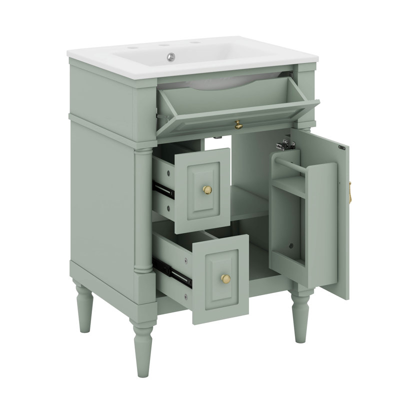 Meuble-lavabo sur pied 24 po avec lavabo, armoire de salle de bain autoportante avec tiroir rabattable et tablette réglable 24 po