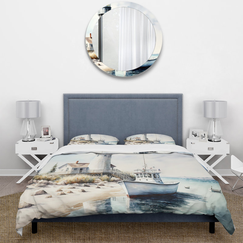 Bateau de pêche et phare I - ensemble de housse de couette de plage - microfibre de polyester