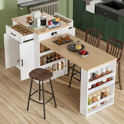 Extendable Island With Power Outlet, Drawers, Double-side Storage, And Open Shelves