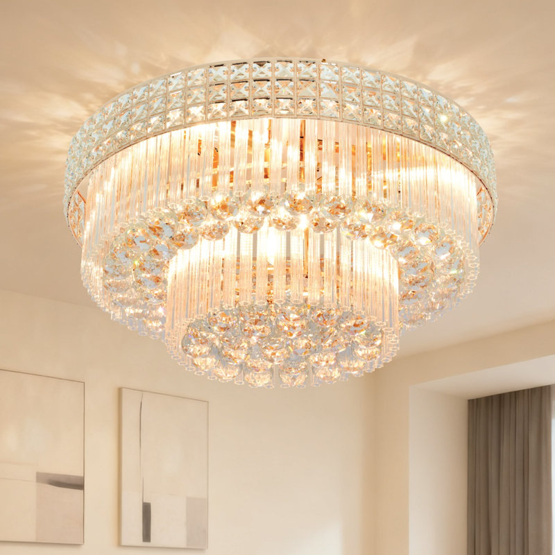 23.6" Modern Gold Crystal Flush Mount Ceiling Light, 2-Tier 5-Light Chandelier with Remote Control