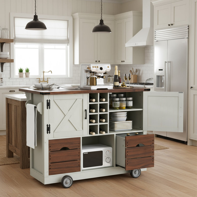 54" Farmhouse Kitchen Island with Drop Leaf, Power Outlet, Kitchen Storage Cart with 2 Doors, 2 Drawers, Rolling Kitchen Island on 4 Large Wheels with Spice Rack for Kitchen, Dining Room
