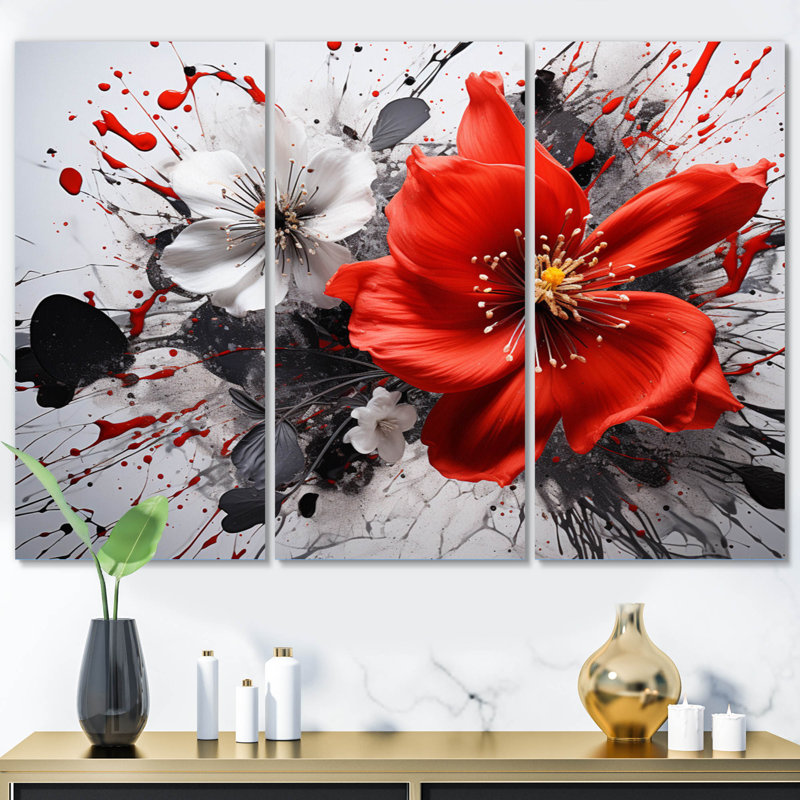 «Red Gray Botanical Symphony I» sur toile, reproduction de 3 pièces, H 28 po x l 36 po x P 1 po
