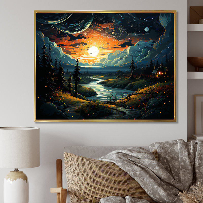«Dreamy Mountain Scenery At Night I - Winter Landscape», art mural, H 24 po x l 32 po x P 1 po, Cadre flottant doré