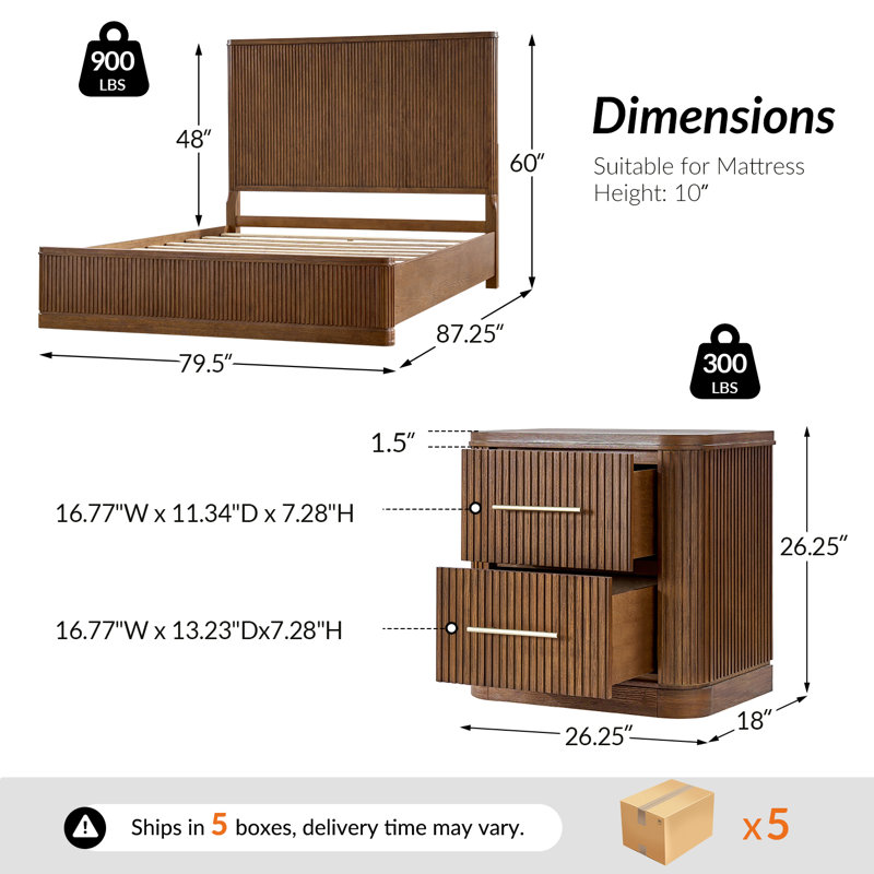 Graciana 3-Piece Fluted Solid Wood Bedroom Set, Walnut, King