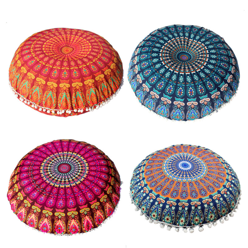 Ensemble de 4 taies d'oreiller rondes bohémiennes 4 pièces, diamètre de 17 po, housses de coussin de yoga et de plancher