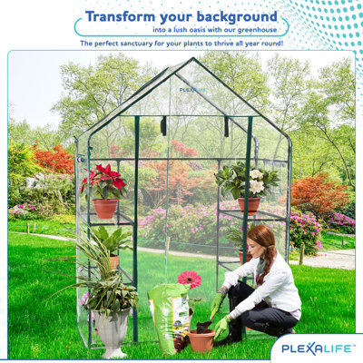 Plexalife Deluxe Walk-In Greenhouse with 3 Tiers and 6 Shelves - Clear Cover