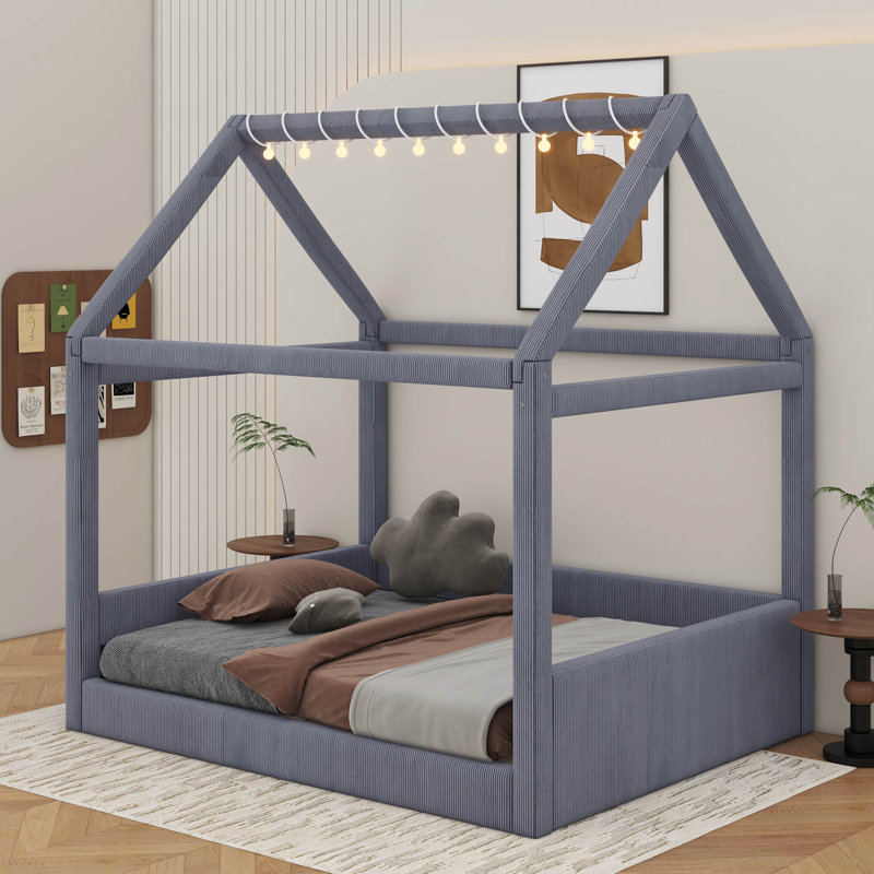 Lit plateforme tapissier pleine grandeur avec bandes lumineuses à DEL, structure de lit de jour en bois, Gris