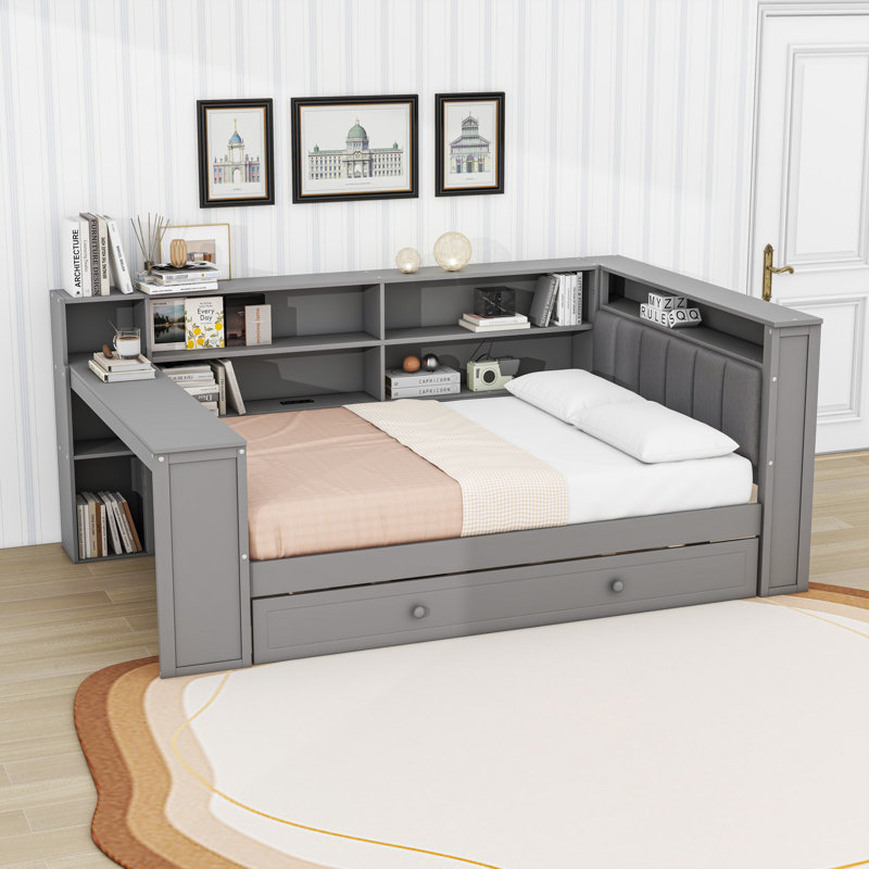 Wood Platform Bed with Twin Trundle, Desk, Shelves, LED Light and Charging Station, Gray, Full/Double