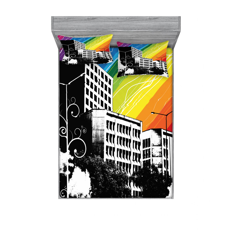 Ensemble de draps en ciel d’inspiration immeubles, Ensemble de drap pour grand lit avec drap-housse