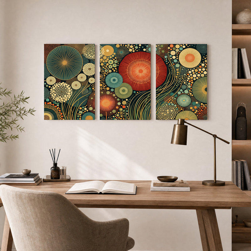 Ensemble de 3 toiles murales à motif rétro abstrait de cercles et de points, 36"H x 24"W x 3pcs