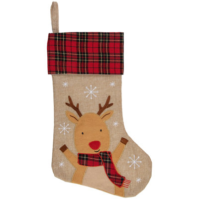 19"" Burlap Plaid Whimsical Reindeer Waiving Christmas Stocking -  Northlight Seasonal, NORTHLIGHT J90437