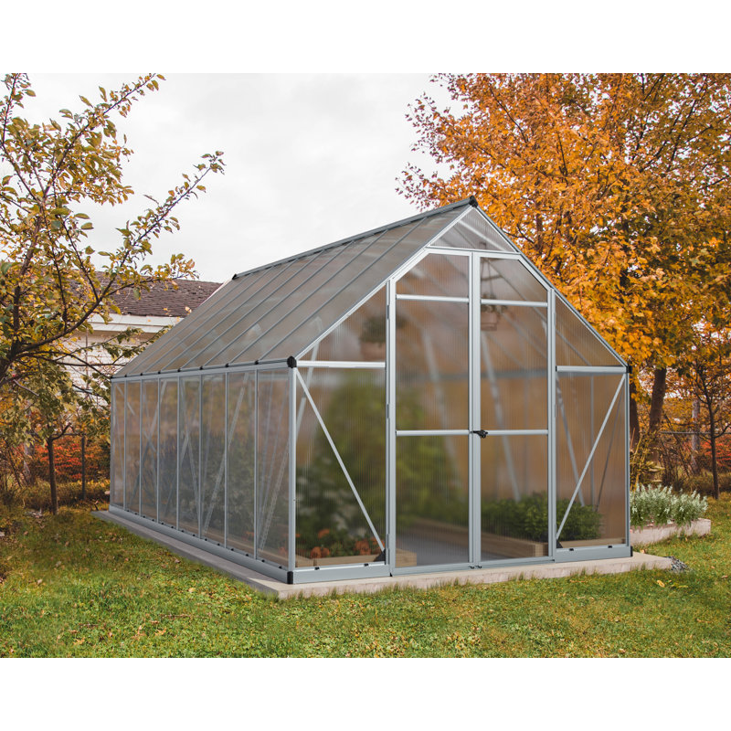 Palram - Canopia Essence 8' W x 16' D Walk-In Hobby Twin Wall Polycarbonate Aluminum Frame Greenhouse Kit with Roof Vents - Silver