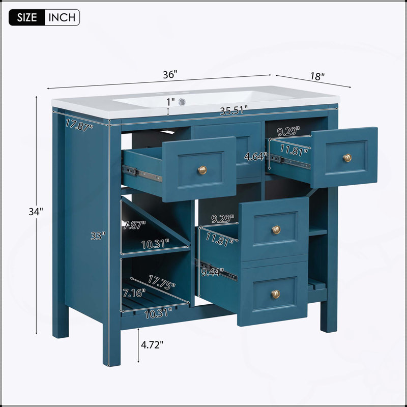 Meuble-lavabo autoportant de 36 pouces avec lavabo en résine, structure en bois massif et grand espace de rangement pour les salles de bain modernes