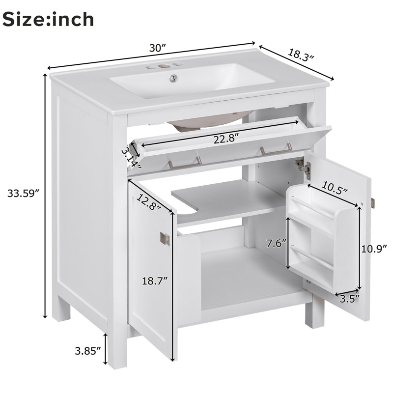 Meuble-lavabo de 60 po avec lavabo double et lavabo fonctionnel en céramique blanche avec rangement élégant, Blanc, Argent