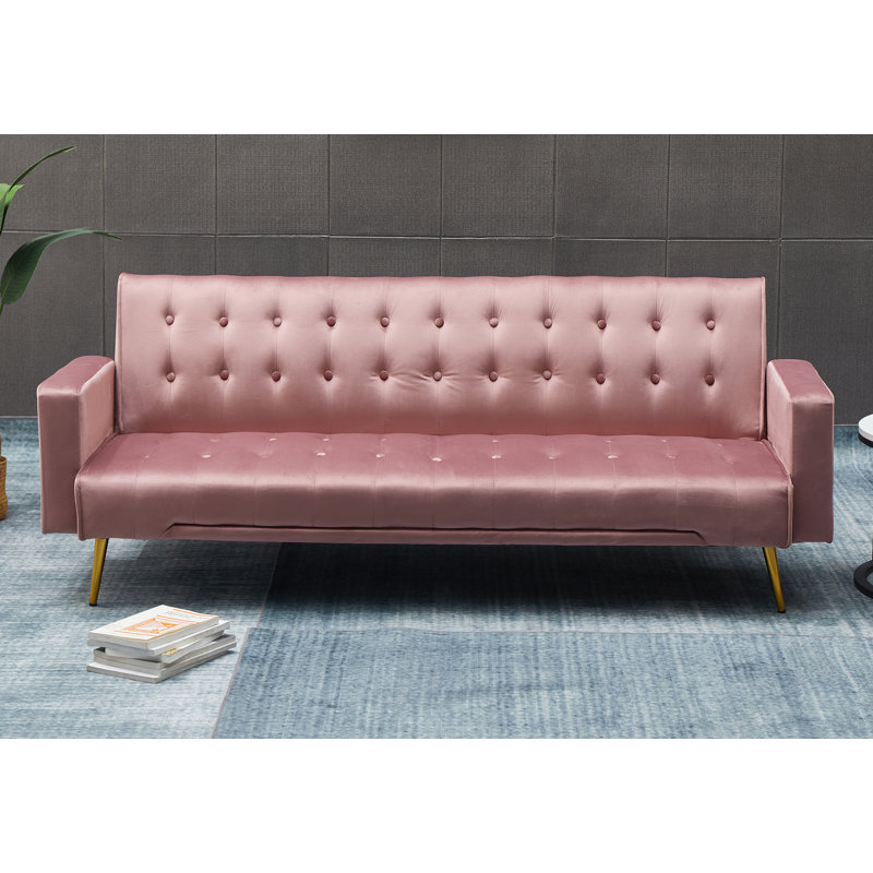 Stefaney Twin 75'' Velvet Cushioned Convertible Sofa, Pink Velvet
