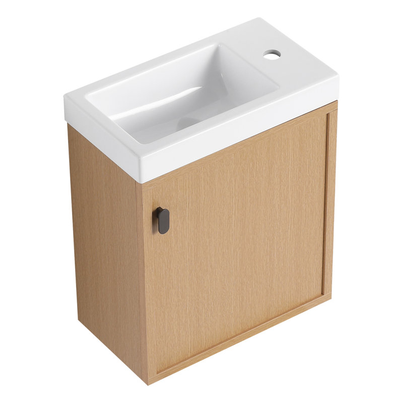 Meuble-lavabo mural 18,5 po avec lavabo en résine, porte simple à fermeture douce, panneau de fibres à densité moyenne, bois naturel (KD-Packing)