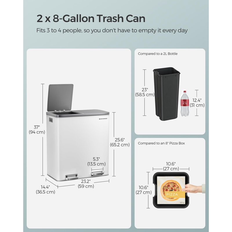 Poubelle, 2 poubelles de 8 gallons (2 x 30 L) pour la cuisine, avec 15 sacs poubelles, 2 compartiments, seaux intérieurs en plastique et couvercles à charnières, hermétique, brun