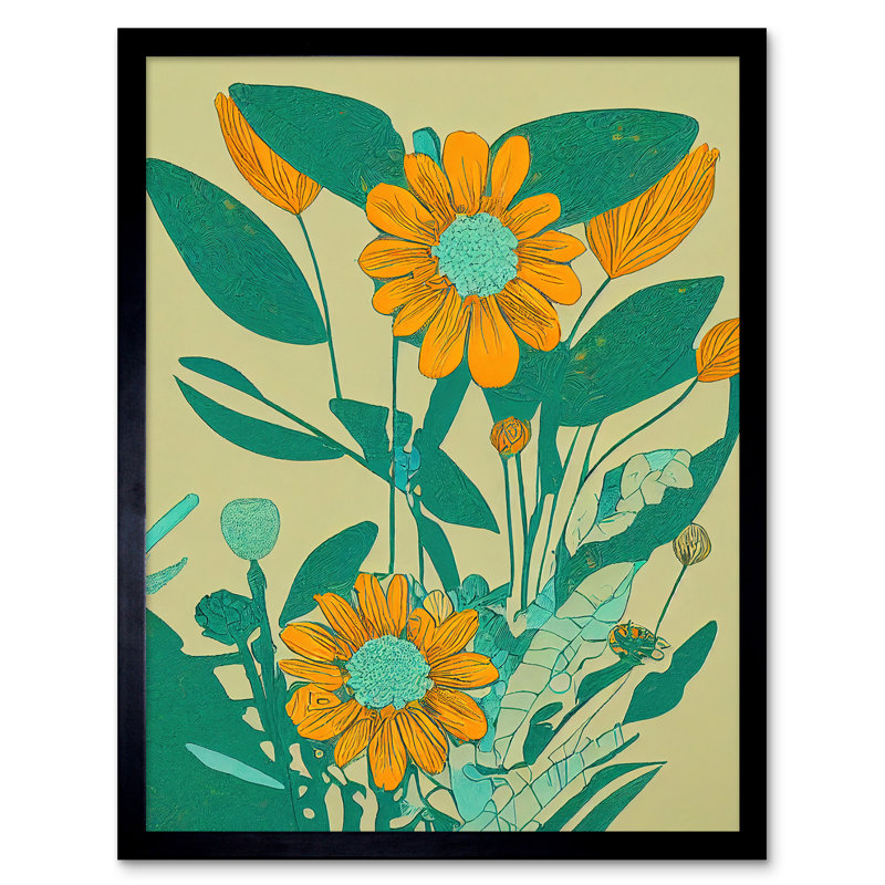 Yellow Flower Turquoise Colourful - Single Picture Frame Print