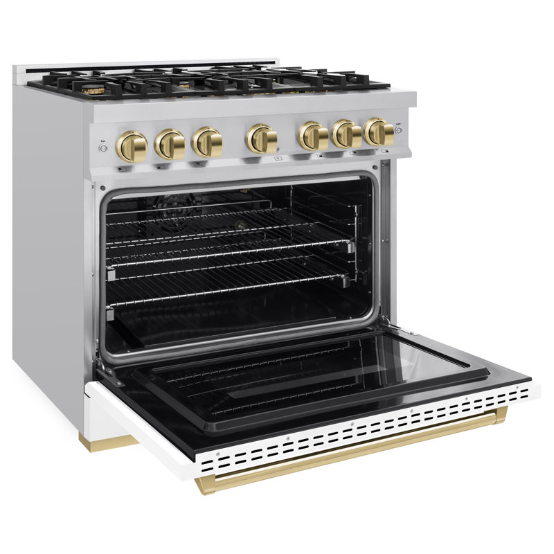 ZLINE Autograph Edition 36 in. 5.2 cu. ft. Classic Gas Range with 6 Burner Cooktop and Convection Gas Oven in Stainless Steel with Black Matte Door and Accents