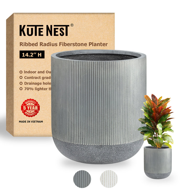 Kute Nest Indoor/Outdoor Small Ribbed Radius Fiberstone Planter, Charcoal, 14.2" H x 13" W x 13" D