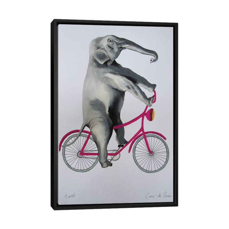 « éléphant on bicycle »-impression sur toile tendue Coco de Paris, H 26 po x l 18 po x P 1,5 po, Toile avec cadre noir