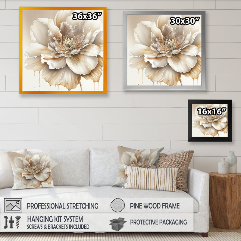 Blooming Beige Floral Design II - Art mural sur toile floral et botanique, H 16 po x l 16 po x P 1 po, Encadrement doré
