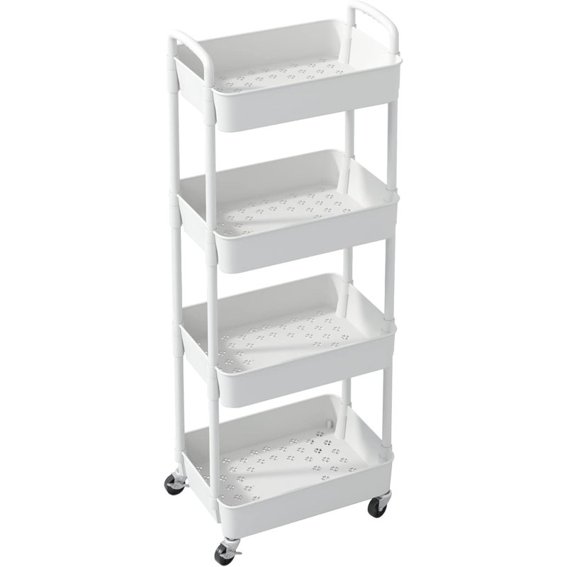 4-Tier Plastic Rolling Utility Cart with Handle, Multi-Functional Storage Trolley, Living Room, Kitchen, Movable Storage Organizer with Wheels