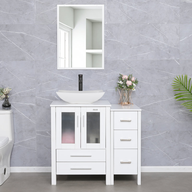 Oshell 36'' Single Bathroom Vanity with Manufactured Wood Top, Vessel Sink, Faucet, Mirror not Included, White, White