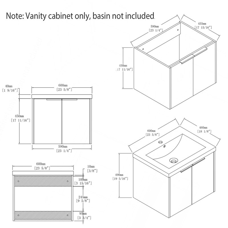 Meuble-lavabo suspendu de 61 cm (24 po), en contreplaqué, portes doubles à fermeture amortie, grand espace de rangement intérieur, fixation murale, meuble seulement, lavabo non inclus