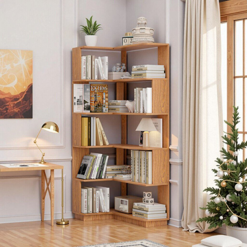 5-Tier L-Shaped Corner Bookcase: Space-Saving Storage Solution, Dark Oak