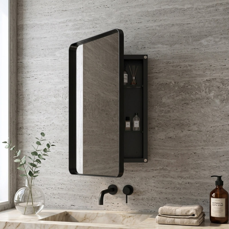 Armoire à pharmacie encastrée de 51 x 76 cm (20,1 x 30,1 pouces) avec cadre en métal noir, armoire à miroir murale et étagères réglables en verre trempé pour salle de bain