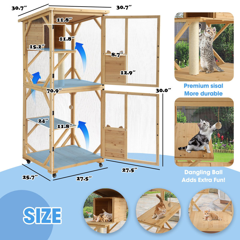Hallvard Outdoor Cat Enclosure with Scratcher 4-Tier Large Indoor Wooden  Window Catio Cat House W/Asphalt Waterproof Roof Natural