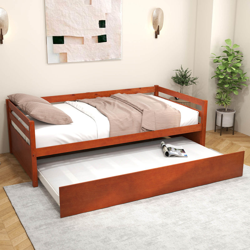 Twin Size Trundle Daybed Wooden Slat Support Mattress Platform For Kids White