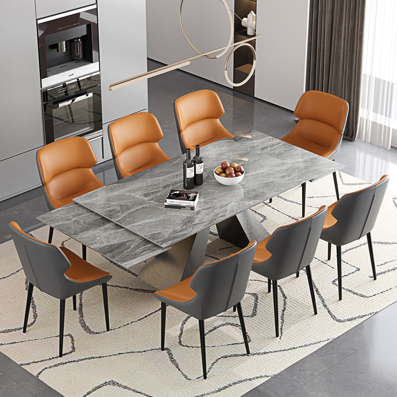 9-Piece Dining Table Set With 63''-94.5'' Extendable Sintered Stone Dining Table And 8 Faux Leather Wingback Dining Chairs