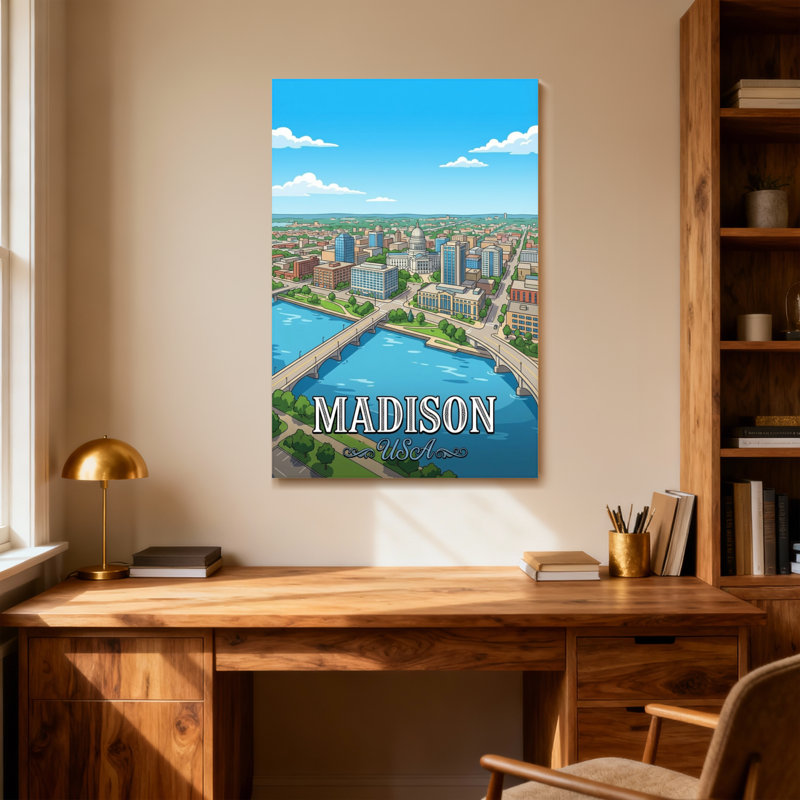 Scénario et paysages urbains Madison Cityscape River Bridge Skyline Buildings Waterway, H 40 po x l 28 po