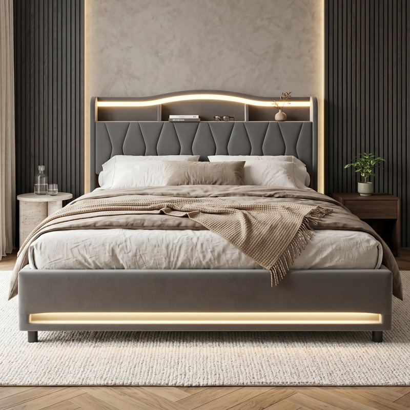 EU Double & Kingsize Velvet Storage Bed with App-Controlled RGB LED & USB C Charging, 4-Drawer Upholstered Platform Bed Frame with Storage Headboard, Beige/Grey, 140/160x200cm