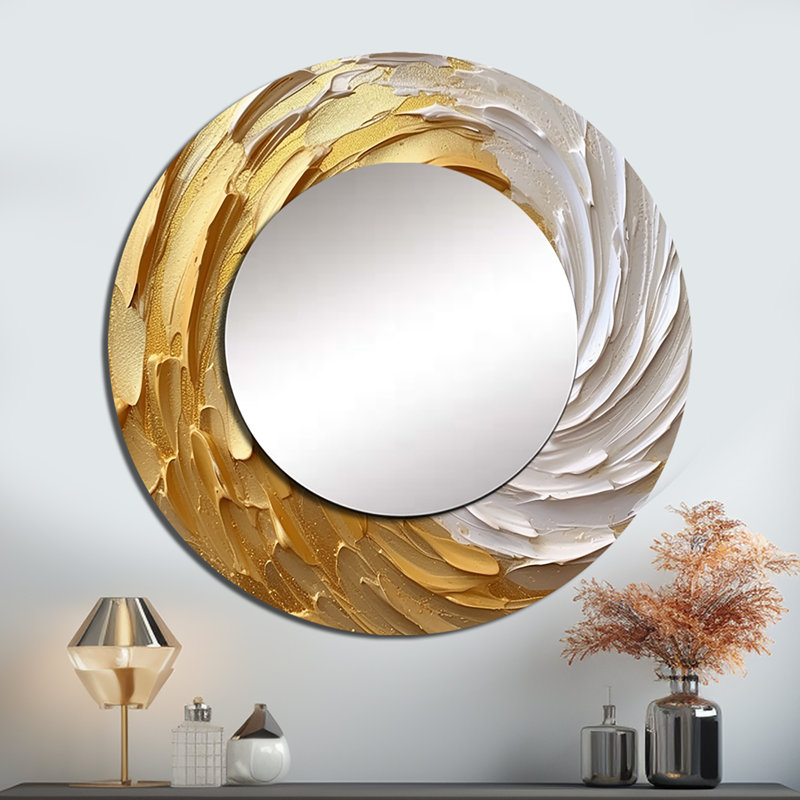 Or et crème Enchanted Whirls I - miroir spirales abstraites, miroir mural décoratif rond moderne, impression d'art en métal