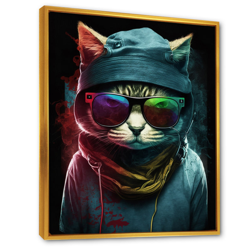 Art mural sur toile, "Bohemian Cat With Sun lunettes IV", H 40 po x l 30 po x P 1,5 po, Toile avec cadre flottant or