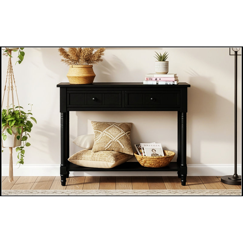 Console de style traditionnel Daisy avec deux tiroirs et une tablette inférieure, parfaite pour un rangement élégant, Black