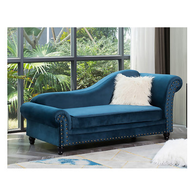 Chaise longue de style champêtre en bois massif avec revêtement en tissu et clous décoratifs pour chambre et salon