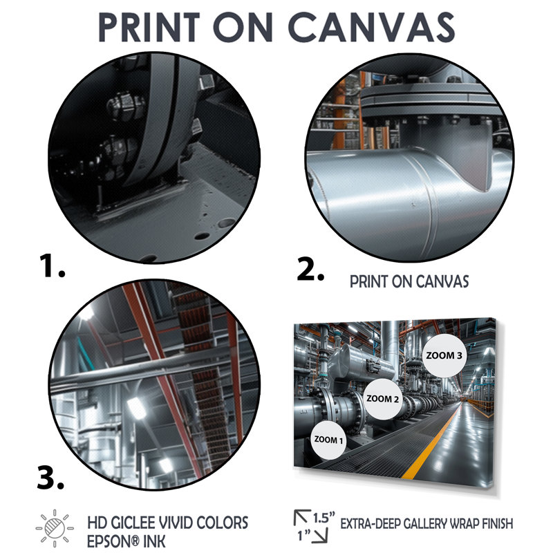 Décoration murale monochrome jaune et gris industriel - usine, Toile avec cadre flottant noir, H 28 po x l 60 po x P 1,5 po