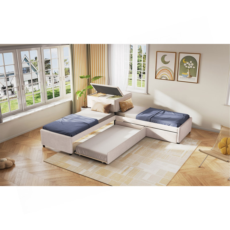Lit plateforme tapissier en L avec lit gigogne et deux tiroirs reliés par un bureau intégré, simple, beige