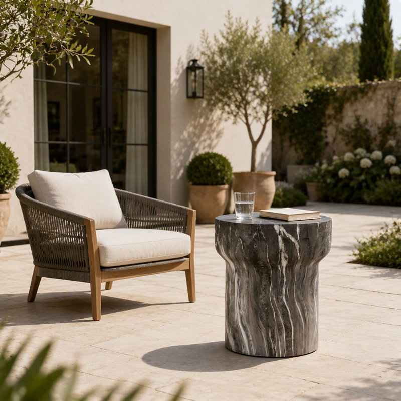 Tabouret de jardin imitation terrazzo, table d'appoint moderne pour intérieur et extérieur, table basse de style tambour en ciment pour terrasse, jardin, salon