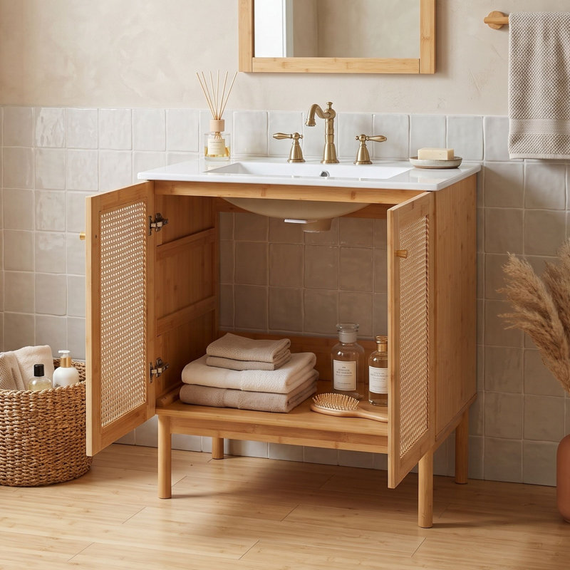 Meuble-lavabo en bois avec lavabo et portes en céramique