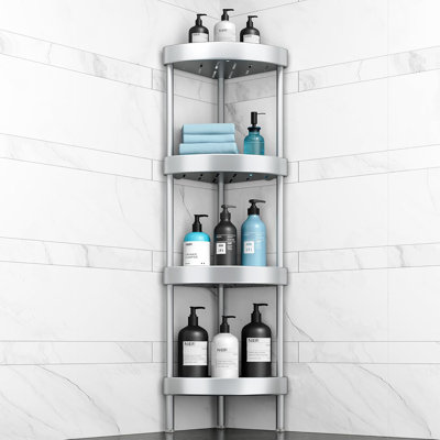 Corner Shower Caddy Stand，4 Tier Rustproof Anodized Aluminum Standing Shower Organizer，Shower Caddy Corner，Dual Stability To Anti，Shaking，Height，Adjustable Legs For Uneven Surfaces