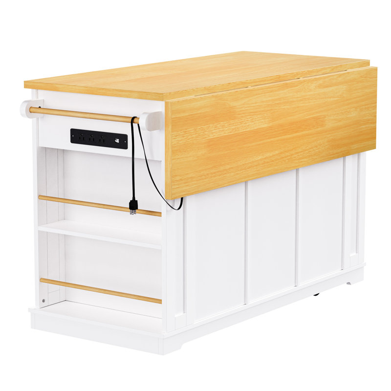53" Kitchen Island With 2 Stools, Power Outlet Attachment, 5 Movable Shelf, Internal Storage Rack, Drop Leaf, 3 Drawers For Charming & Dining, White 53Inch Bar Electrical Socket, Rolling Island,