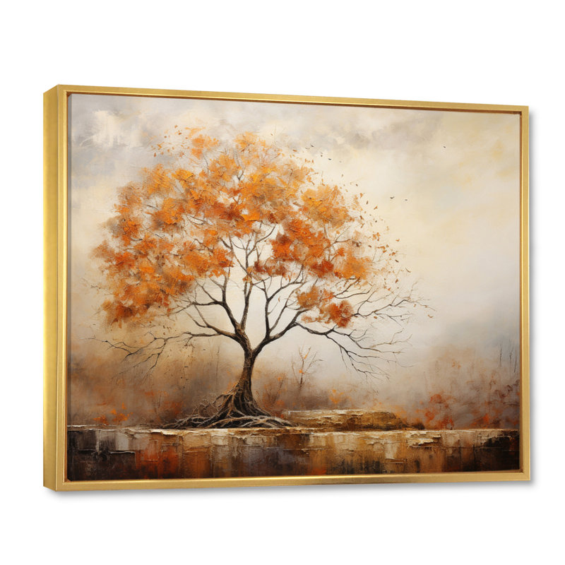 Minimalism Oak Tree Shimmering Autumn I - Floral Canvas Art Print, Cadre flottant doré, H 34 po x l 44 po x P 1,5 po